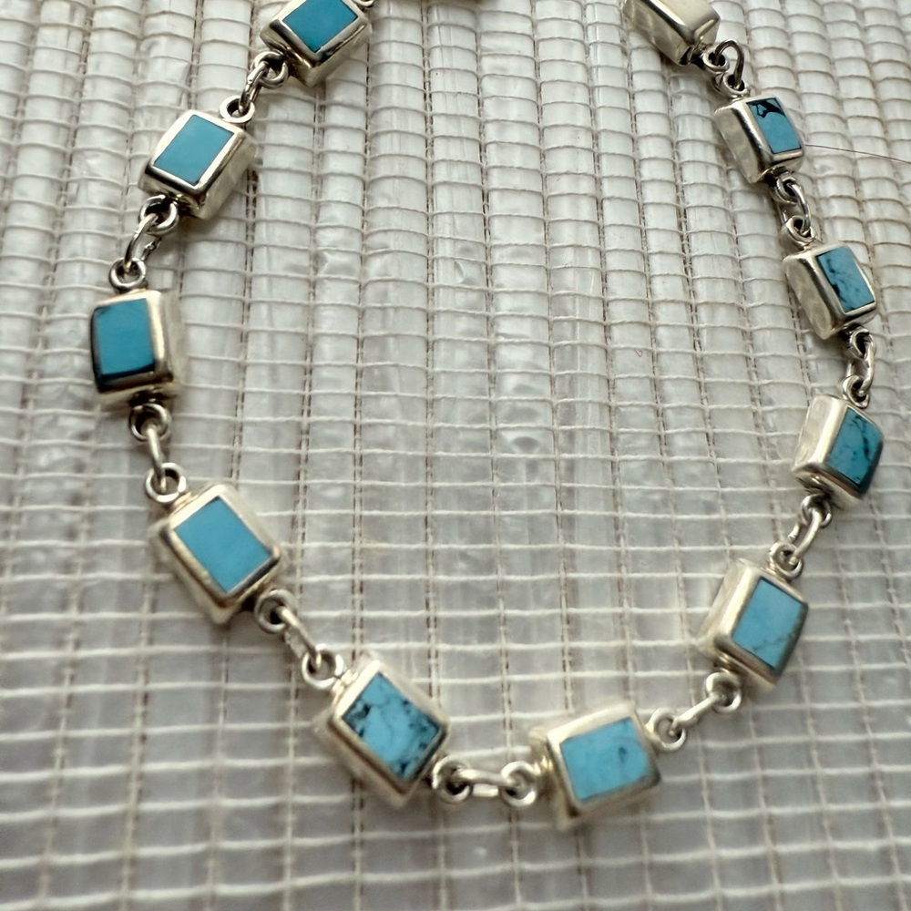 Authentic Taxco Sterling Silver & Turquoise Link Bracelet – 7.5” / 11g - Picture 6 of 8